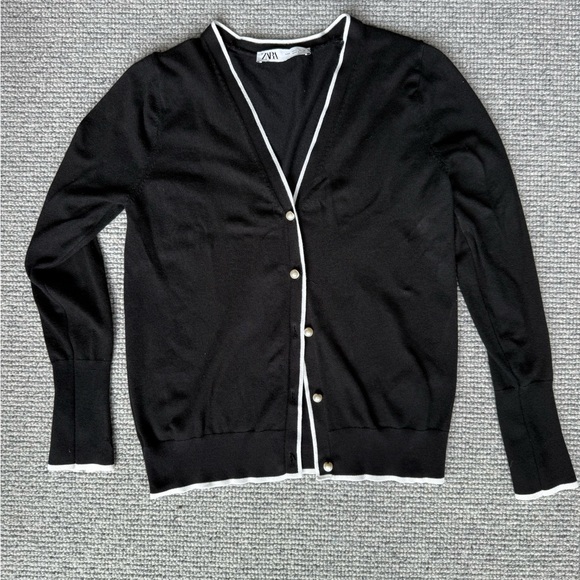 Zara Black Cardigan Pearl Button Down White Trim L - Picture 1 of 11